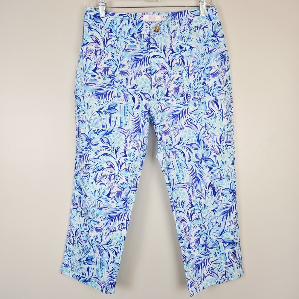 Stella Parker Women's Cropped Pants White/Blue‎ Palms Sz 8 NWT.D09